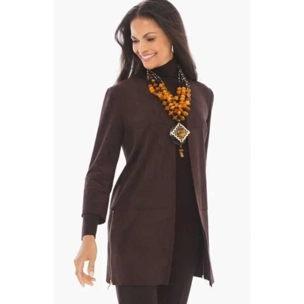 Chico's Zip Detail Faux Suede Open Front Jacket Dark Brown XL Classic Western - Picture 2 of 11
